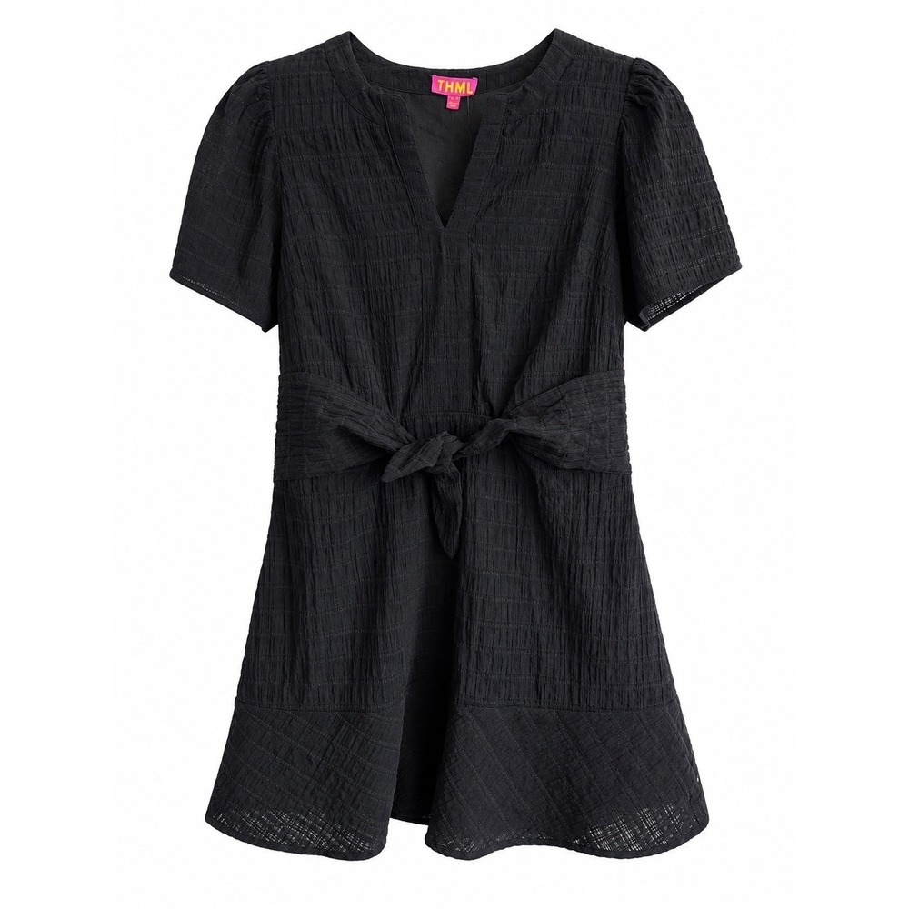 NWT THML Black Textured Tie Waist Dress Medium Puff Sleeve MSRP $108
